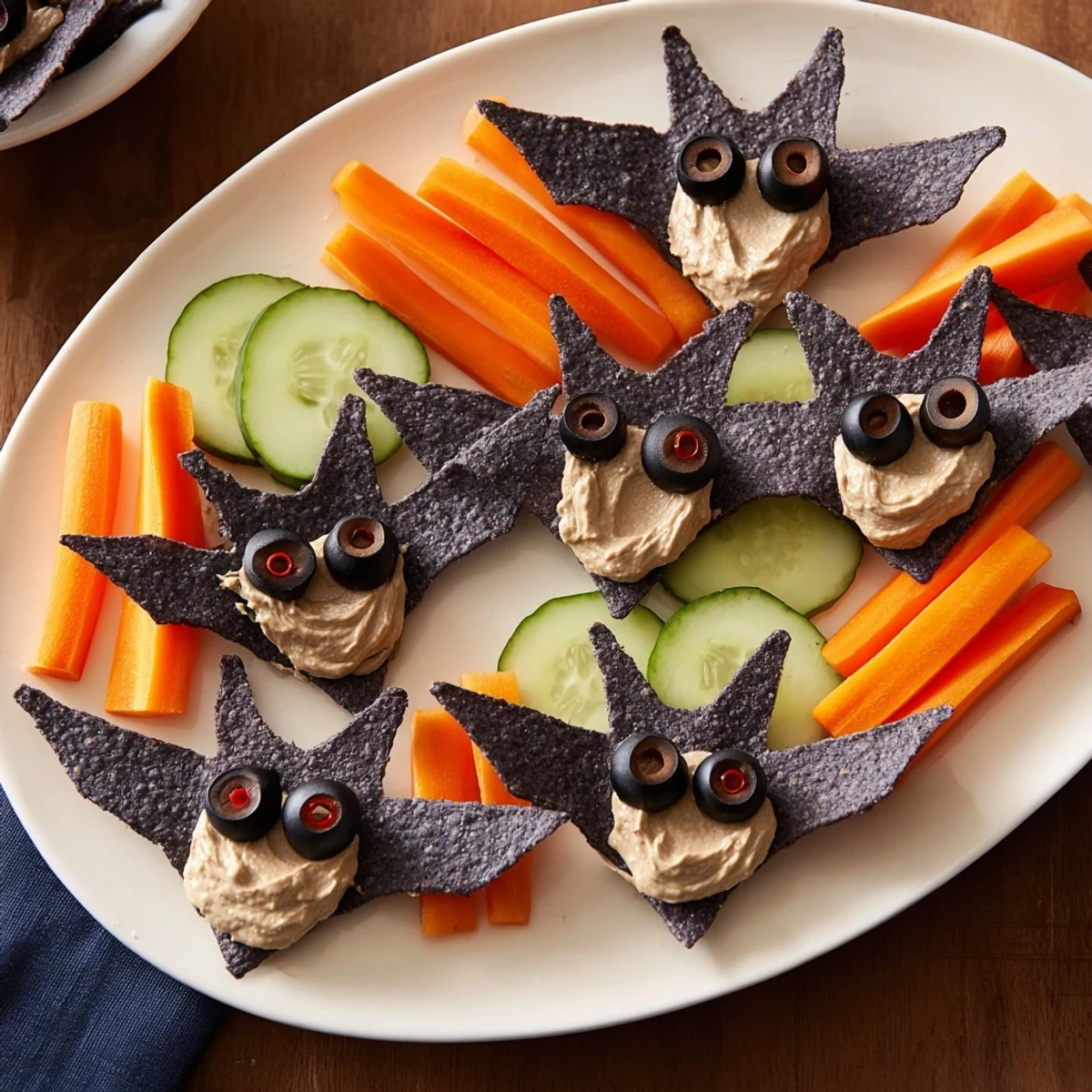 Delicious Spooky Bat Bean Dip Platter, shown with black olive eyes and vibrant snacks alongside the bean dip.