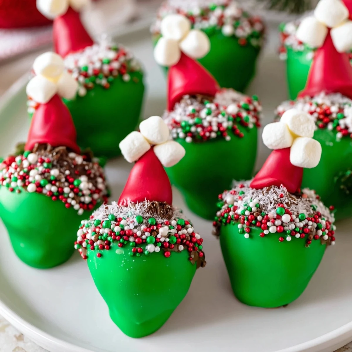 Festive Elf Hat Chocolate Dipped Strawberries, green and white, ready to be enjoyed as a sweet party dessert.