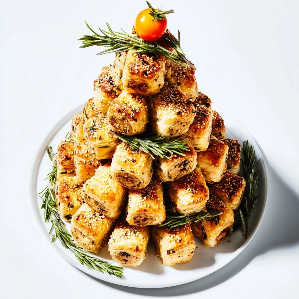 Golden, flaky mini sausage rolls arranged in a festive Christmas tree shape for your holiday appetizer.