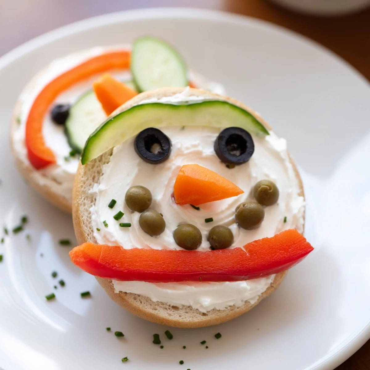 Mini bagel sandwiches, beautifully decorated as snowmen, ready to eat and packed with flavorful ingredients.