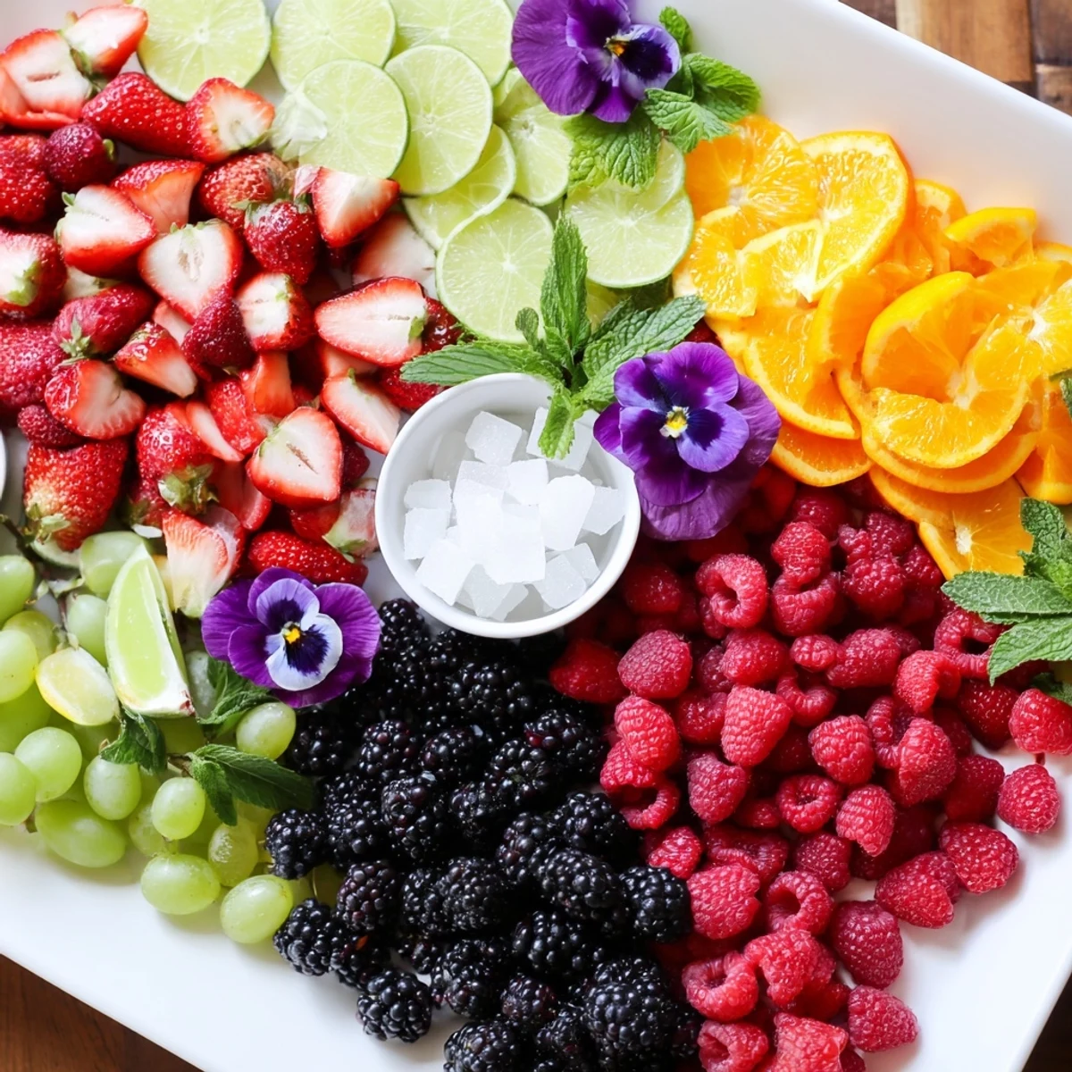 A bright, colorful Bubbly Bar Garnish Platter overflowing with fresh fruits and herbs for the New Year's.