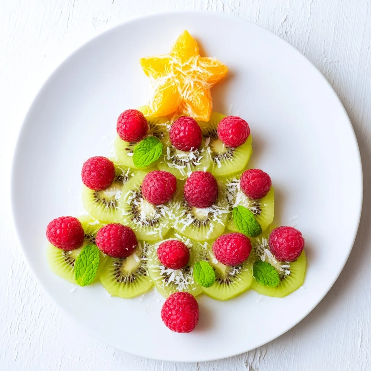 Kiwi and raspberry Christmas tree fruit plate: vibrant green kiwi slices adorned with ruby raspberries, ready to enjoy.