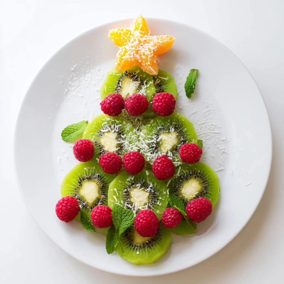 Festive kiwi and raspberry Christmas tree platter: juicy green kiwis and bright red berries are arranged for a holiday dessert.