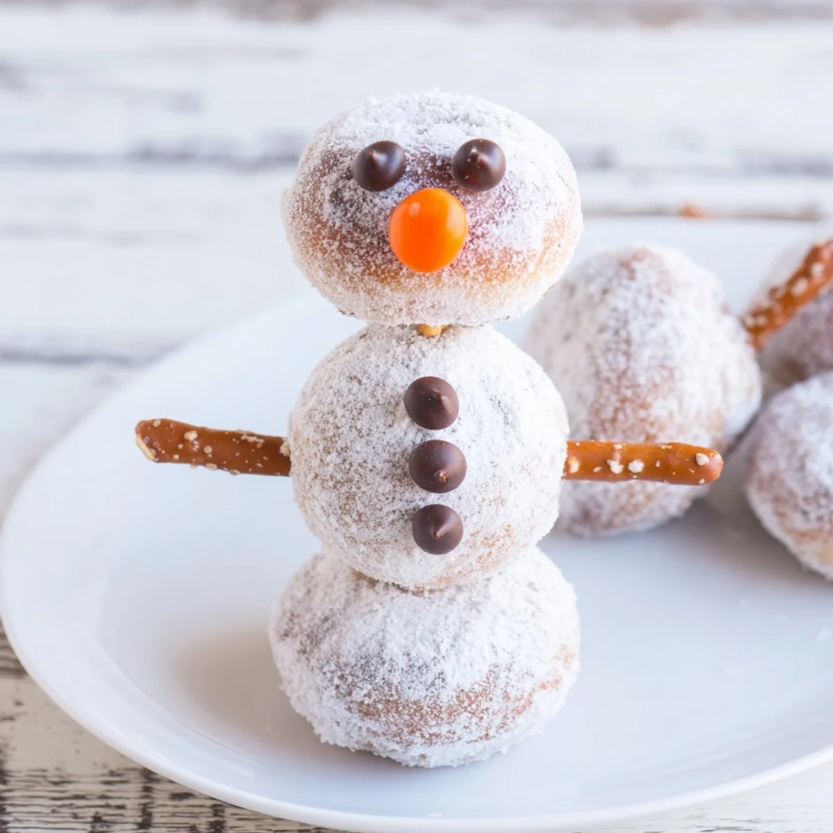 Festive mini donut snowman stacks, ready to eat, a fun and easy holiday dessert.
