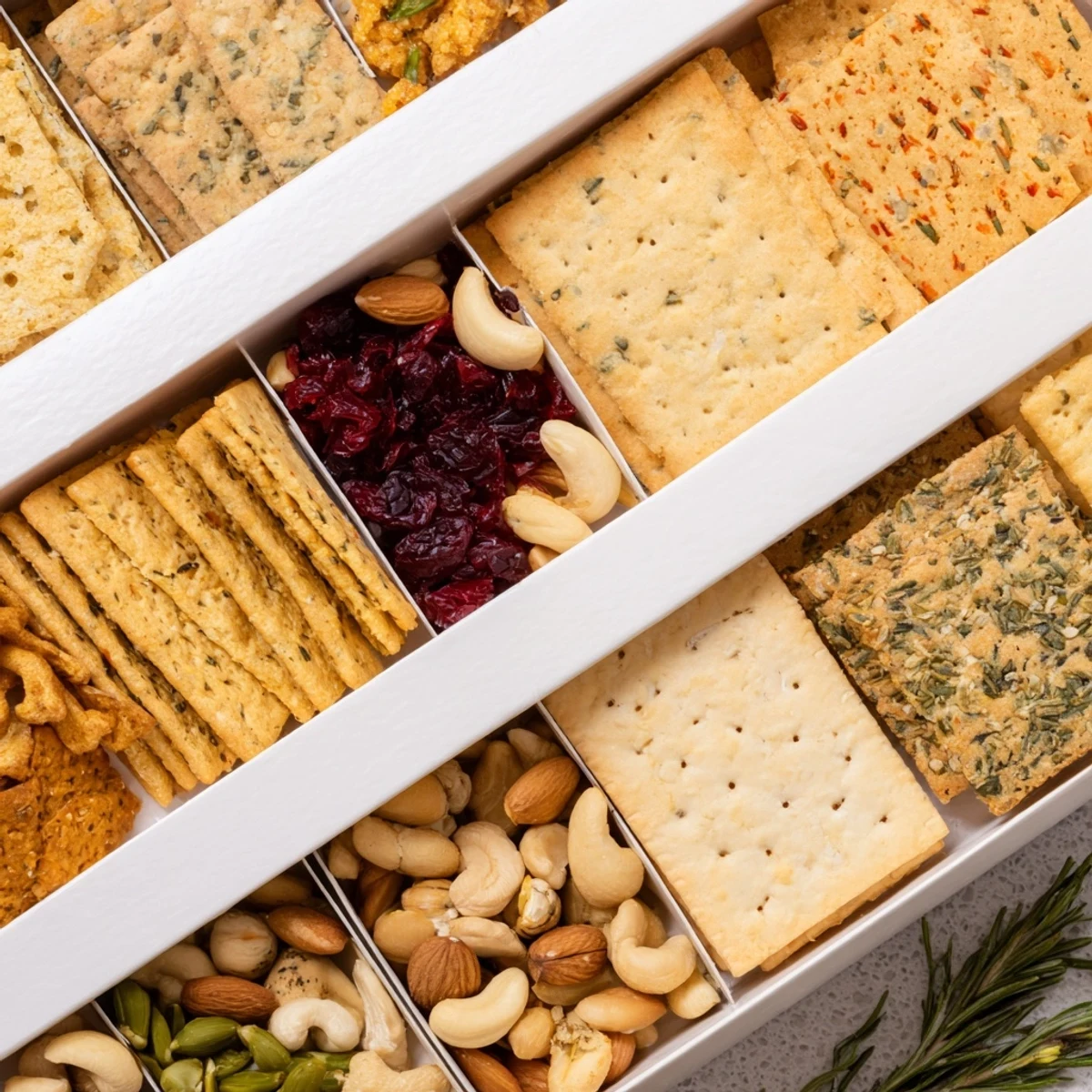 A beautifully presented platter of holiday crackers, offering a variety of flavors and textures.