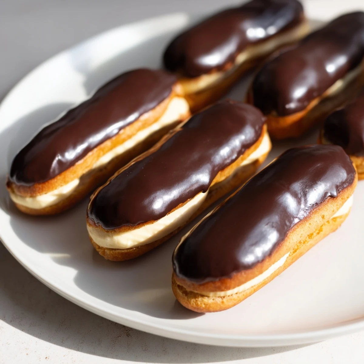Mini chocolate éclairs, glazed and aligned on display, offering a taste of French pastry perfection.