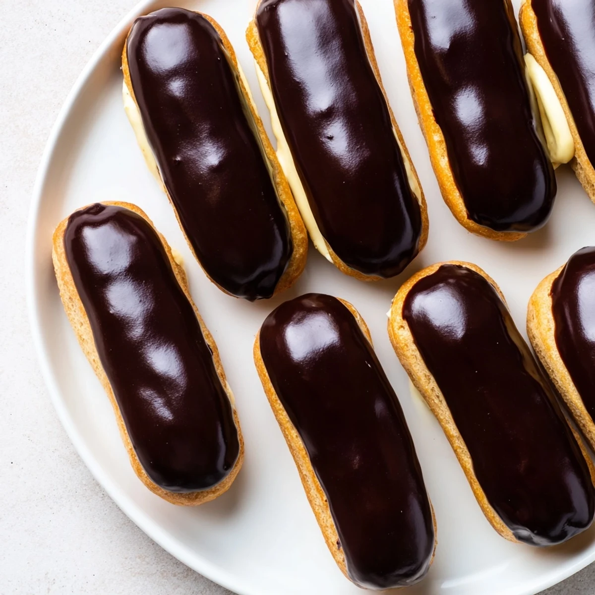 Rows of sweet bites: mini chocolate éclairs, looking gorgeous lined up on a serving platter with chocolate glaze.