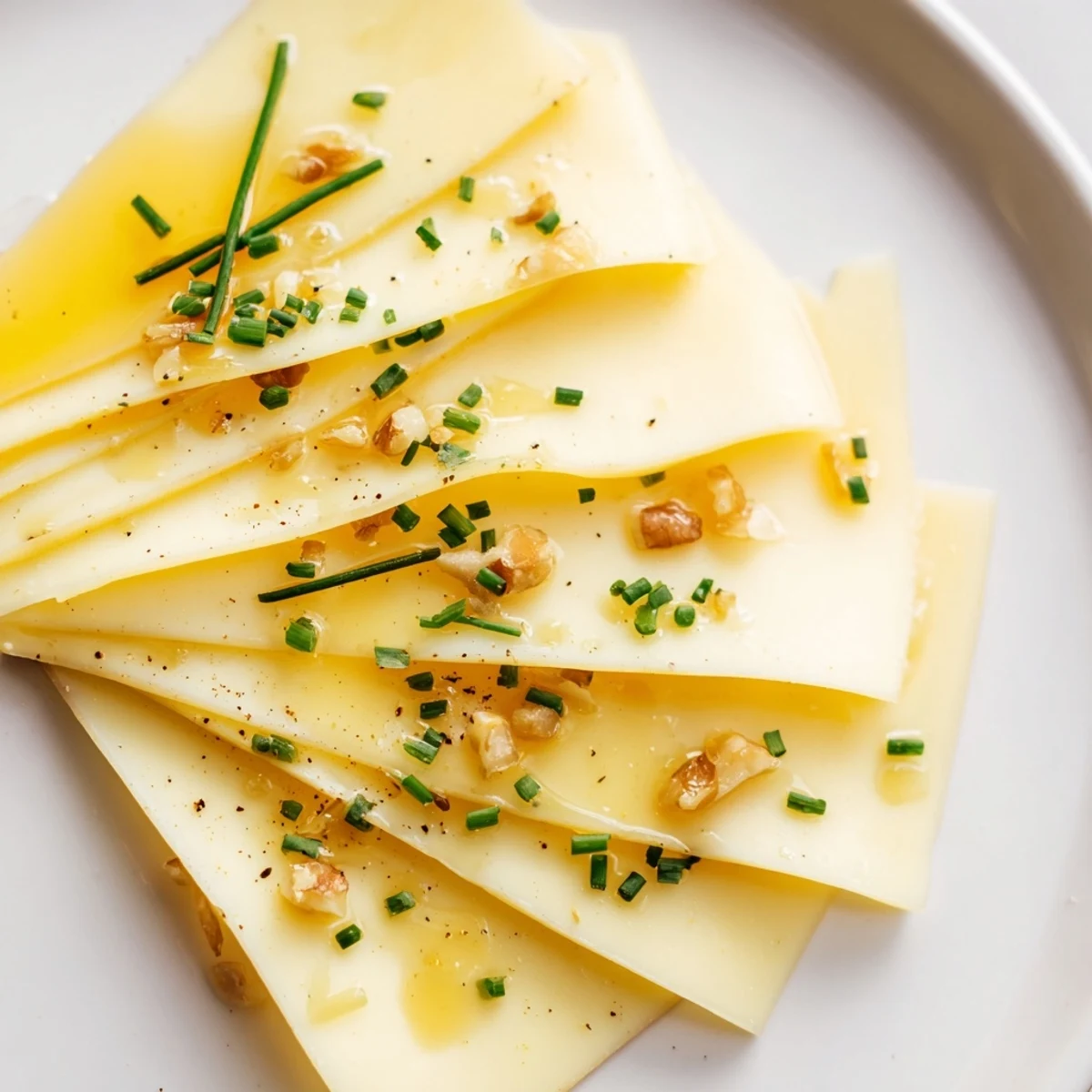 A close-up of a delightful Swiss cheese fan, sprinkled with chives, ideal for serving.