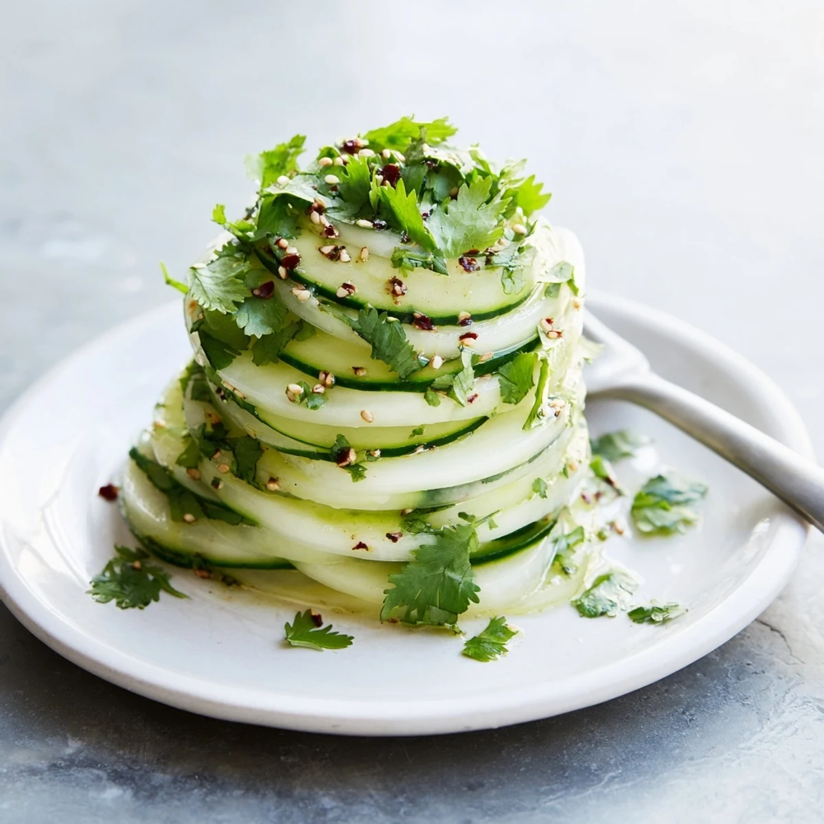 Crisp layers of jicama and cucumber slices form a fresh, vibrant Jicama and Cucumber Slice Stack.