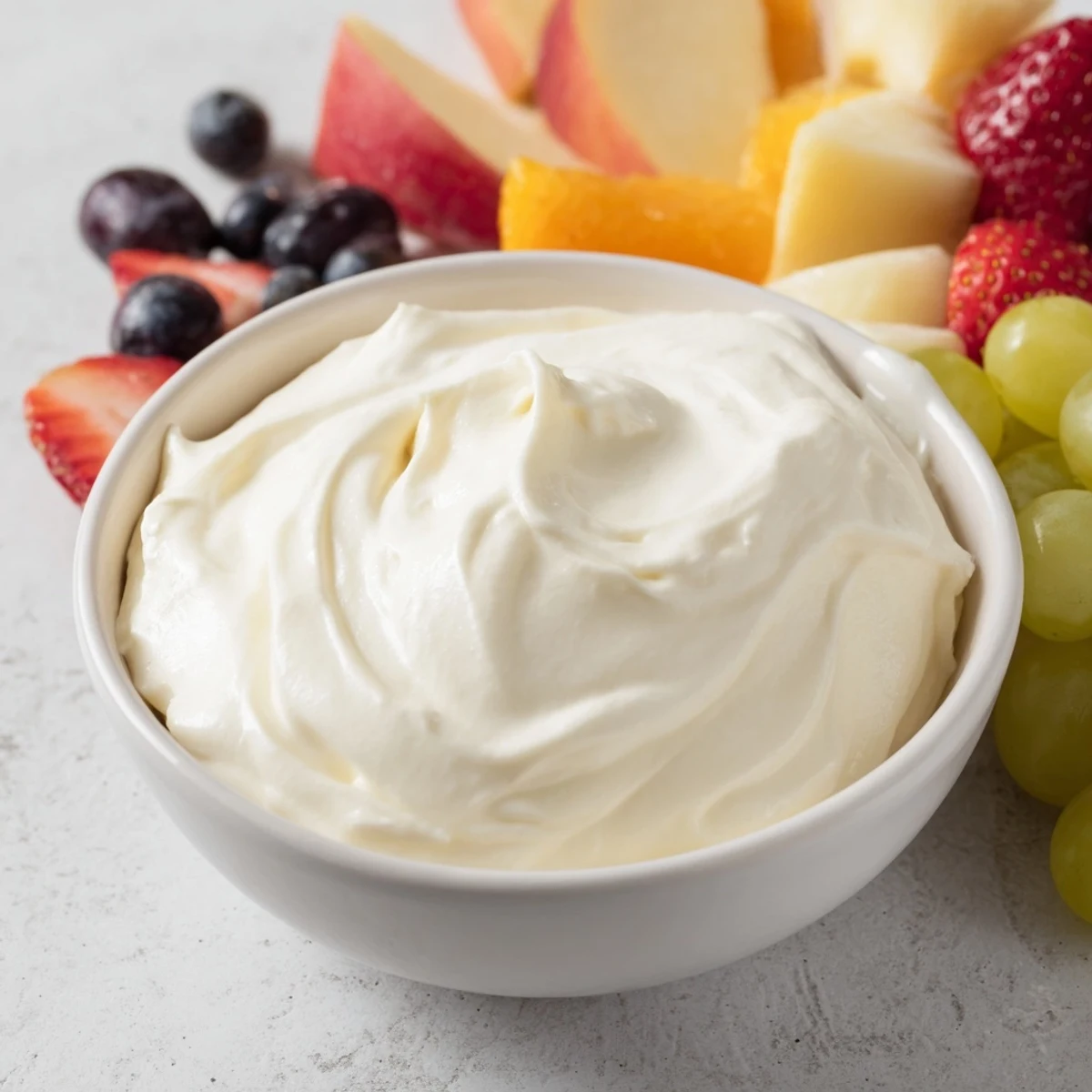 Creamy cream cheese fruit dip in a decorative bowl, surrounded by colorful, perfect fruit.