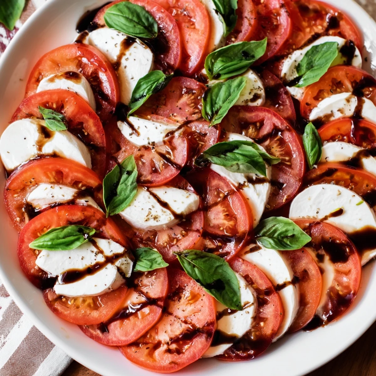 Sliced Tomatoes and Mozzarella Rounds, beautifully layered with fresh basil and drizzled in olive oil.