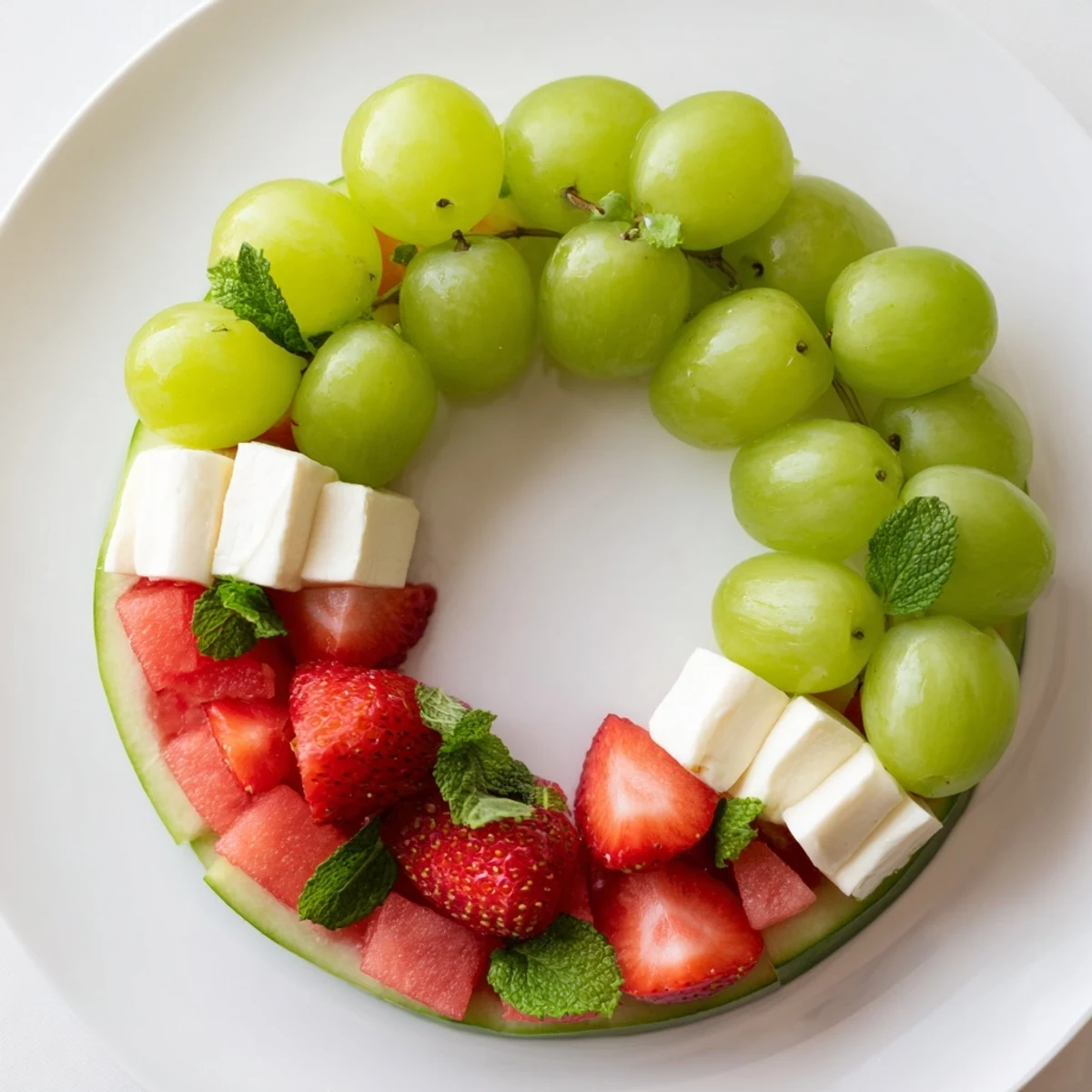 Vibrant Summer Watermelon Slice appetizer starring the red watermelon, green grapes, and white cheese rind, ready to serve.