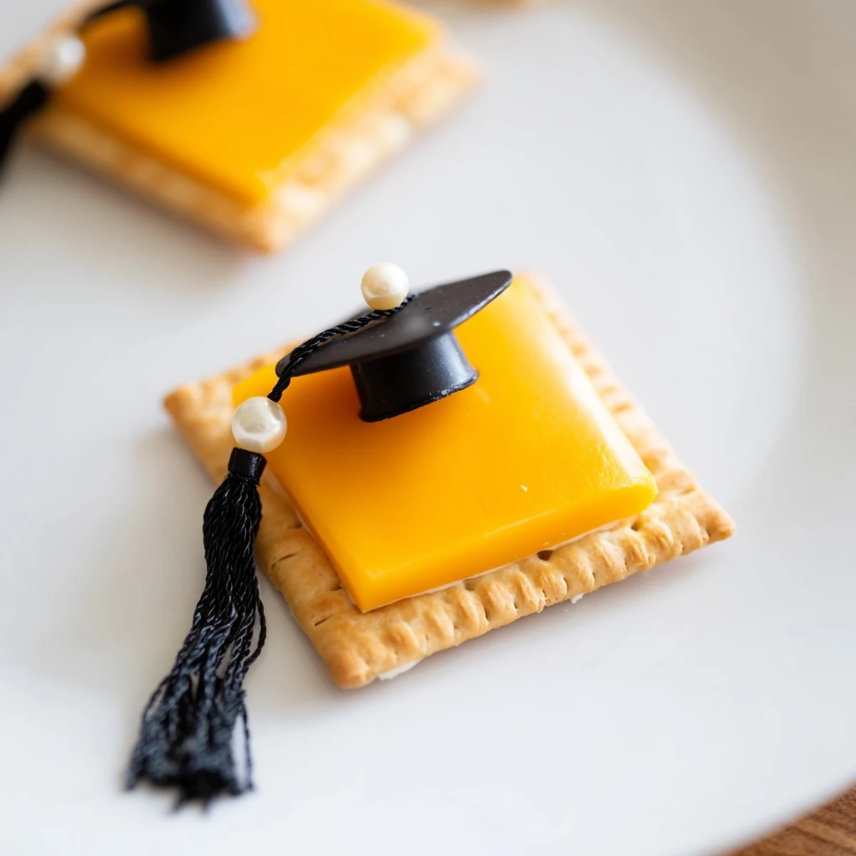 Graduation Cap Snacks arranged on a platter, showcasing the cheese and licorice details.