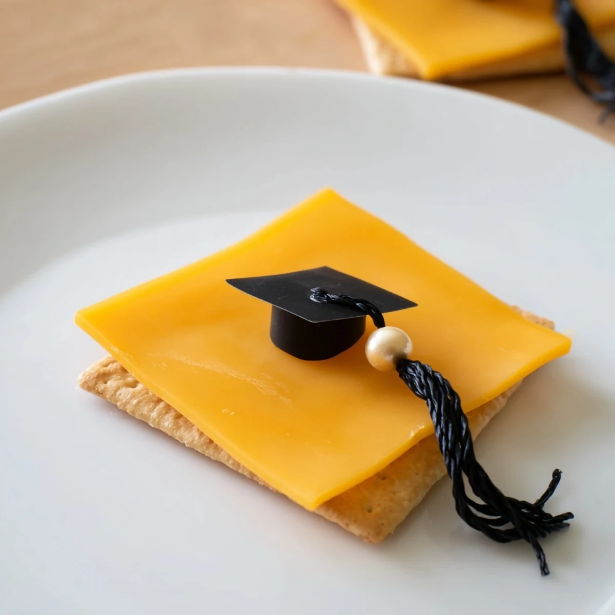 Close-up of a Graduation Cap Snack, highlighting the cheesy square and the fruity tassel detail.