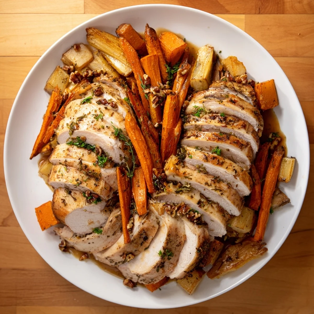 Golden, roasted turkey and vegetables arranged as a "Chains of the Mayflower" Thanksgiving main dish.