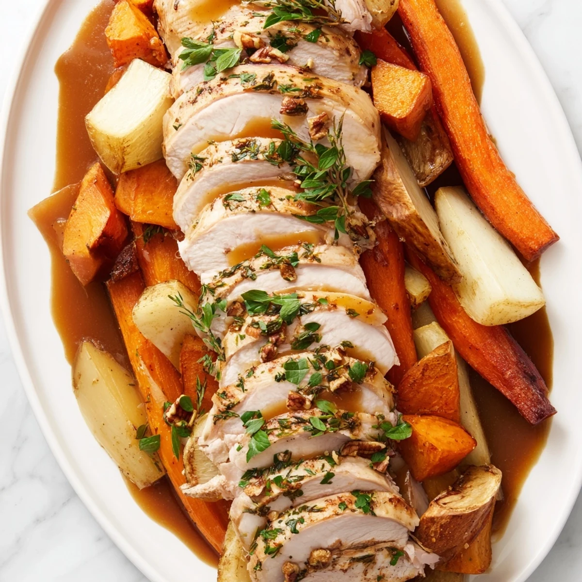 Enjoy a visually appealing "Chains of the Mayflower" with roasted turkey and colorful, linked root vegetables for sharing.