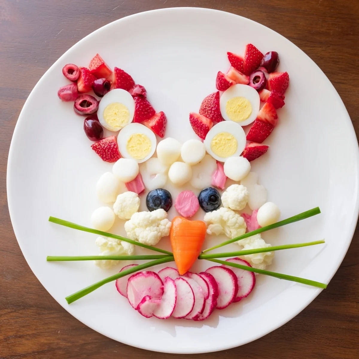 Get ready to serve a delicious Bunny Silhouette appetizer, featuring mozzarella, and radishes, perfect for a party.