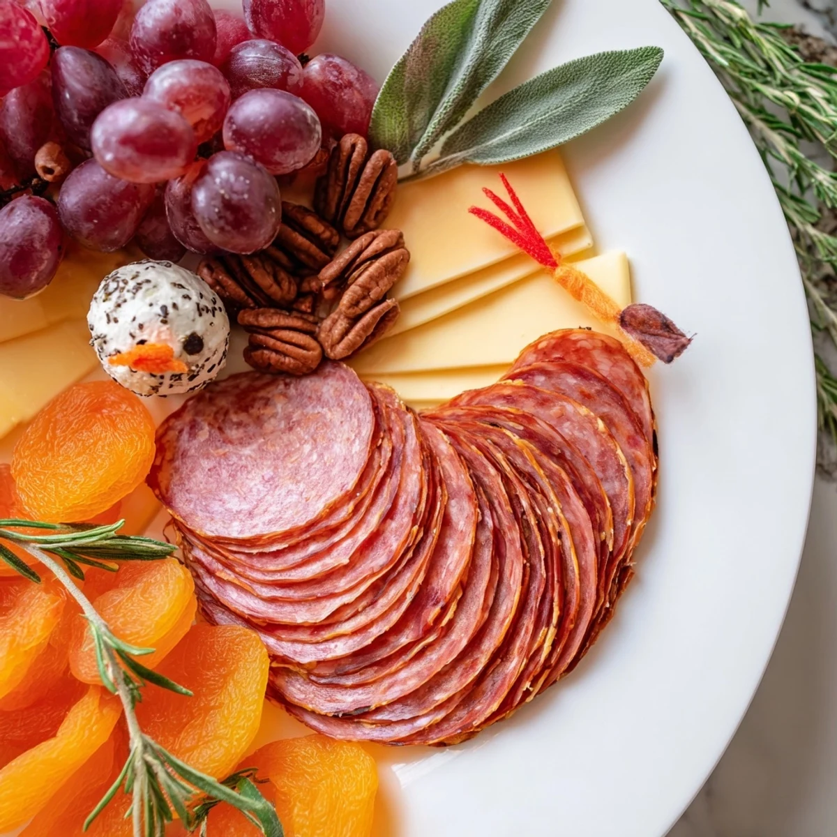 Thanksgiving-ready Turkey Tail Fan board offers a feast of flavors and colors, including sliced meats and cheeses.