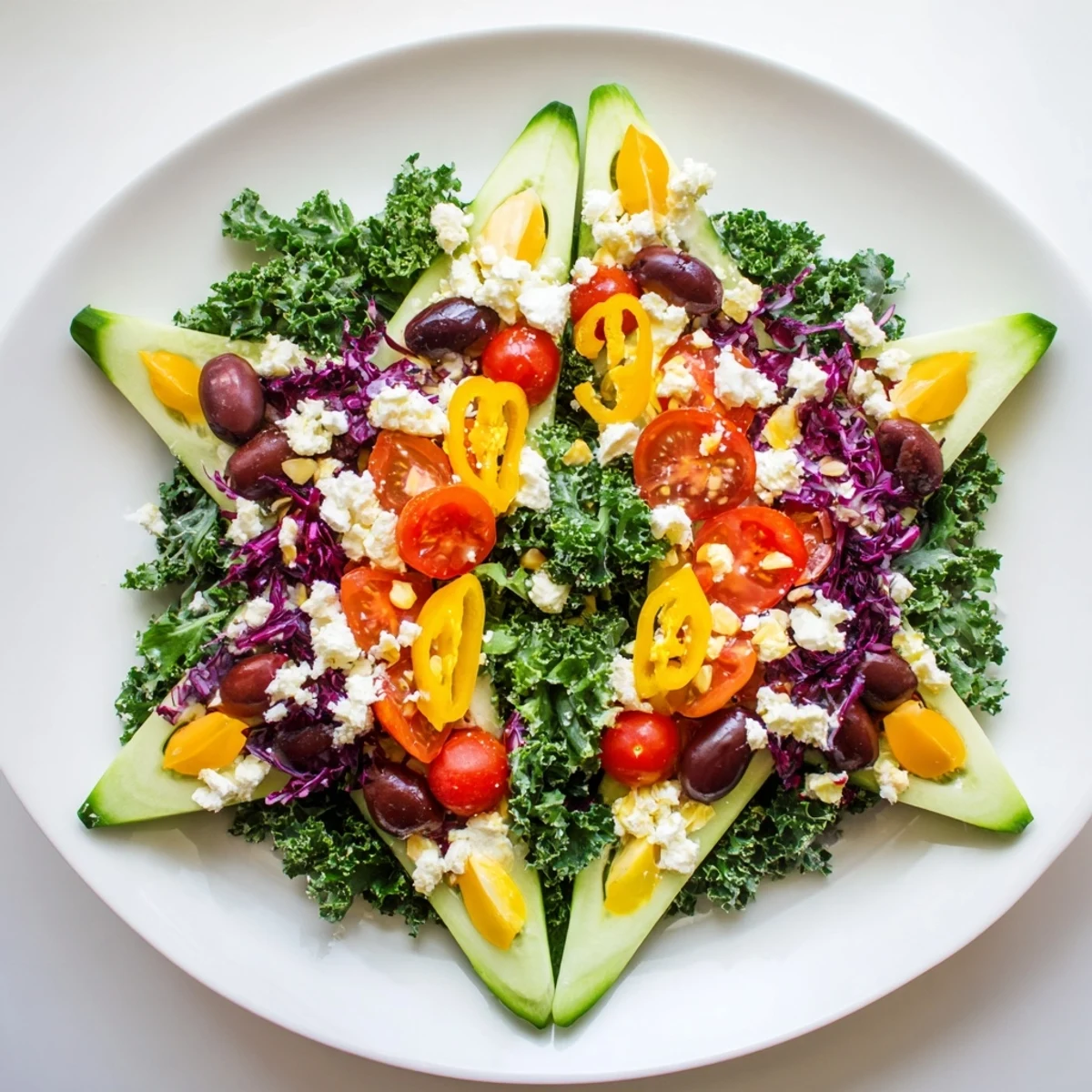 Fresh, vibrant Star of David Salad Platter with colorful vegetables, perfect for a Hanukkah appetizer.
