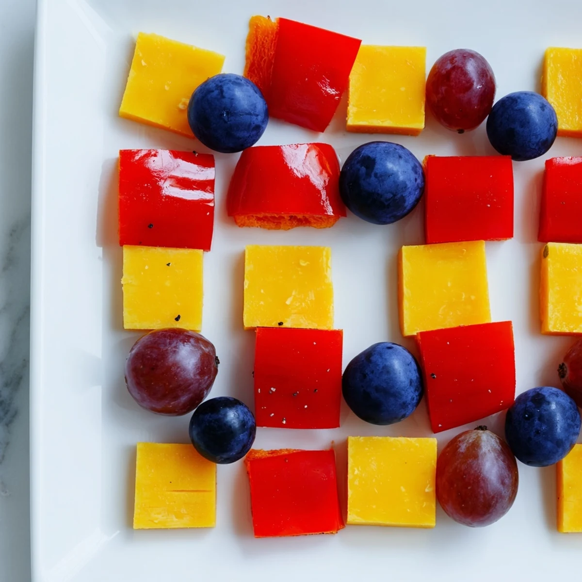 Colorful Bauhaus Block appetizer with cheddar, red pepper squares, and juicy grapes; a party favorite.