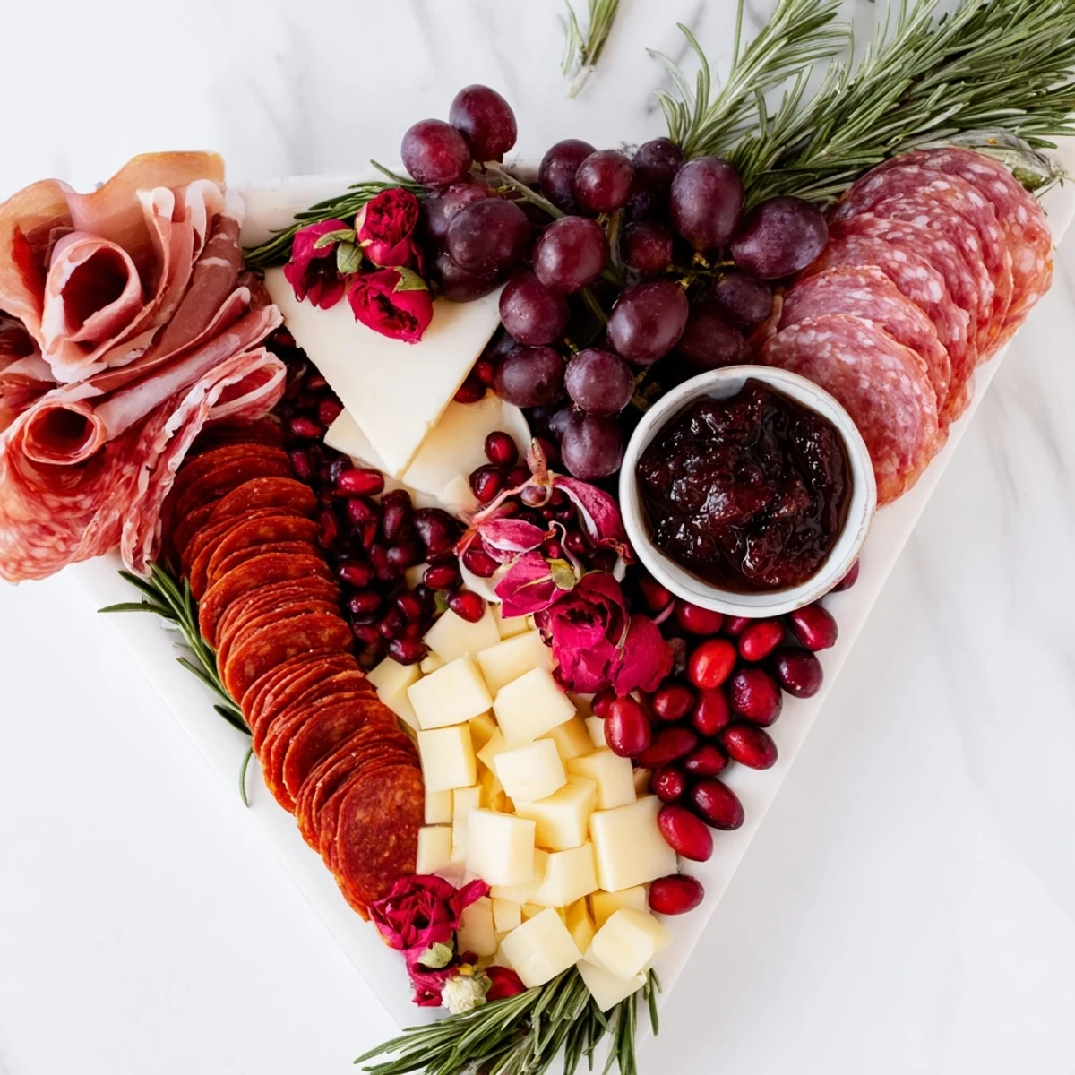 Artfully arranged "Crimson Crest" charcuterie board with red meats, cheeses, and vibrant garnishes for elegant tasting.