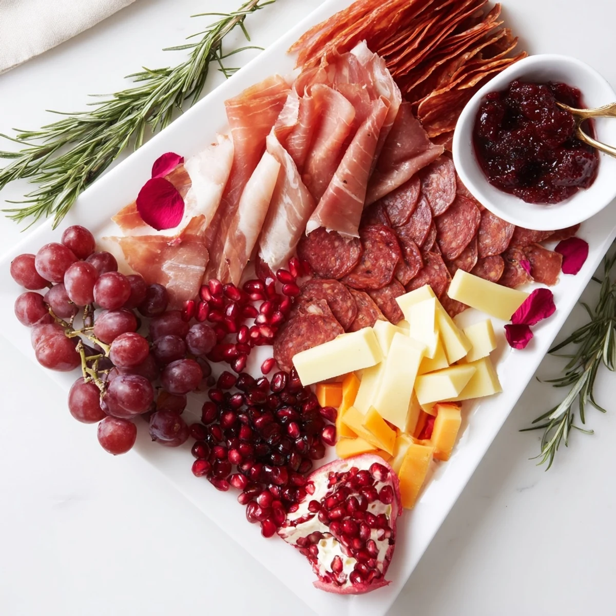 Imagine this delicious "Crimson Crest" charcuterie: a feast of red meats, goat cheese, and red beet crackers laid out.