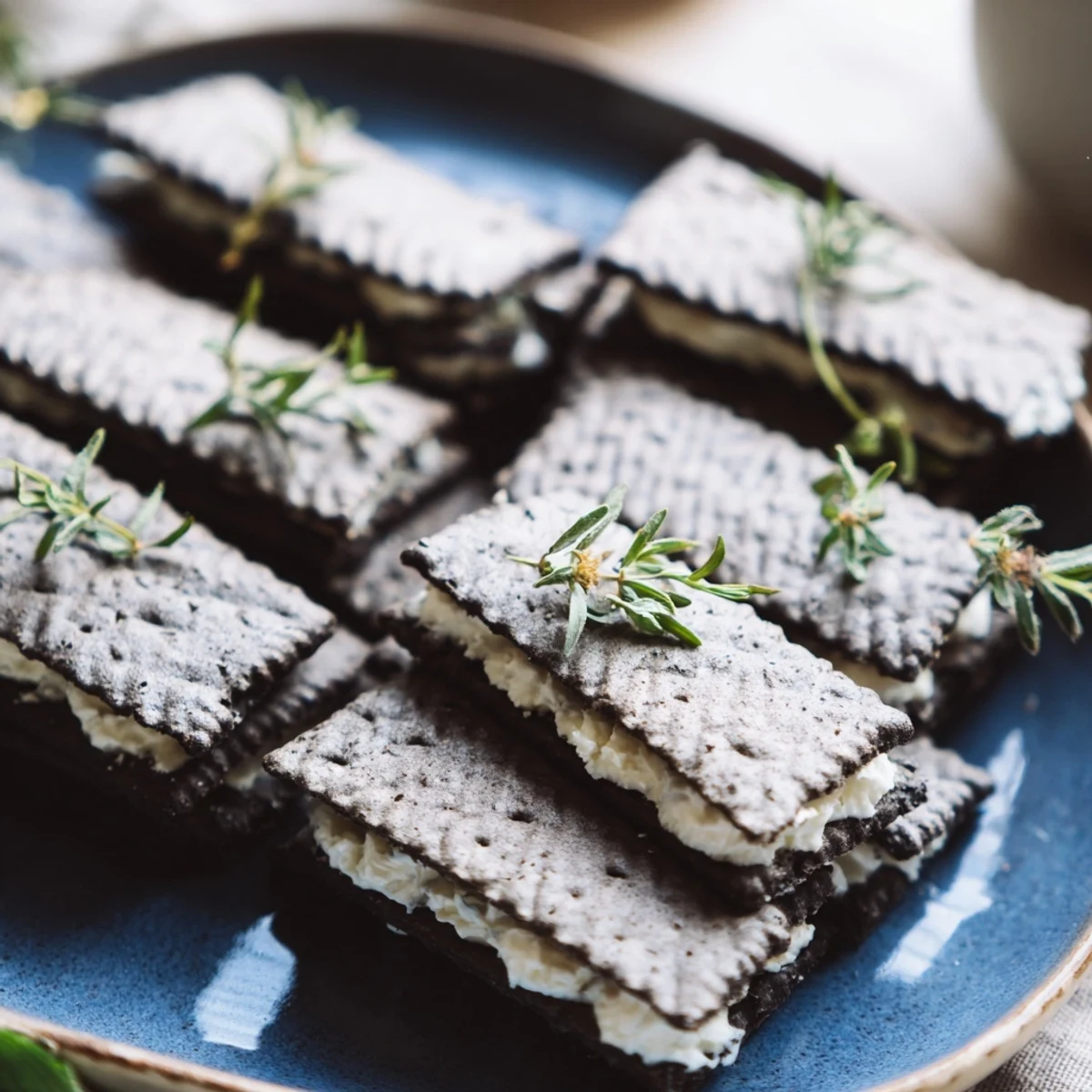 Get ready for an easy stormy sea appetizer: airy white cheese topping dark, ocean-like crackers, ready to eat.