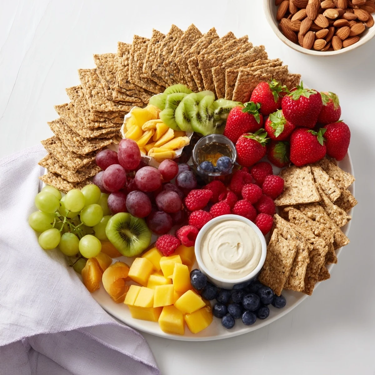 Close-up of the colorful "Hidden Oasis" appetizer showcasing fresh fruit surrounding hummus and yogurt.