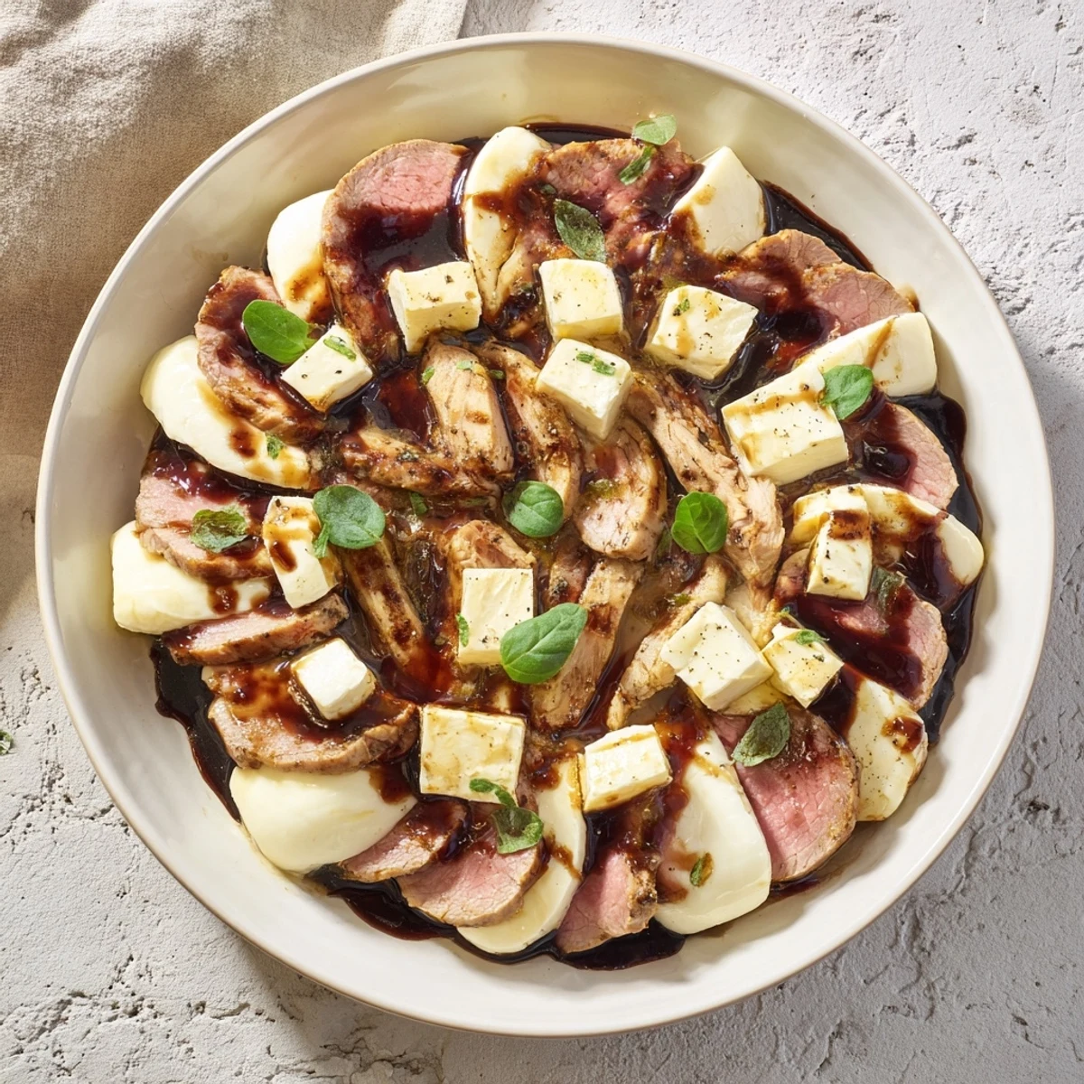 Savory Safari Stripes: A visually stunning party platter of balsamic-glazed beef and chicken.