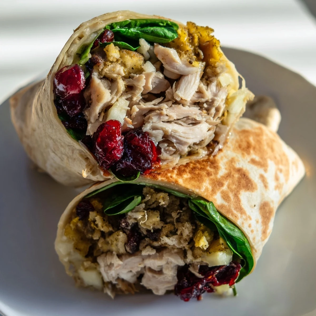 Close-up of a perfectly wrapped Moist Maker Chicken Wrap, ready to eat with flavorful ingredients inside.