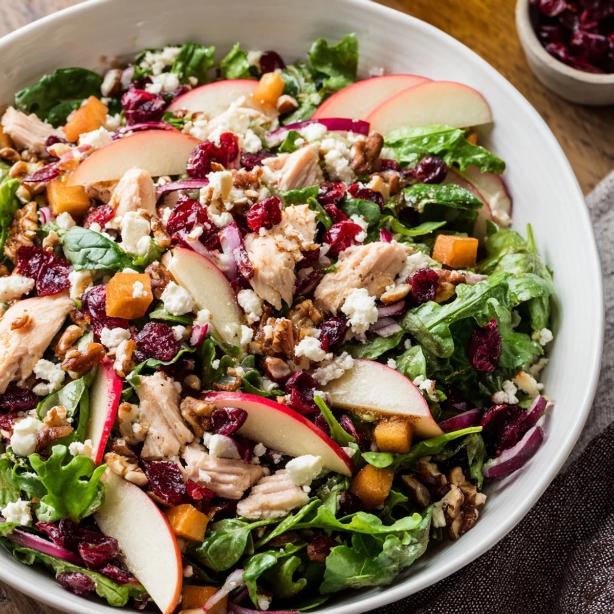 Chicken and Apple Winter Salad: A close-up of the fresh salad, highlighting crisp apples and shredded chicken.