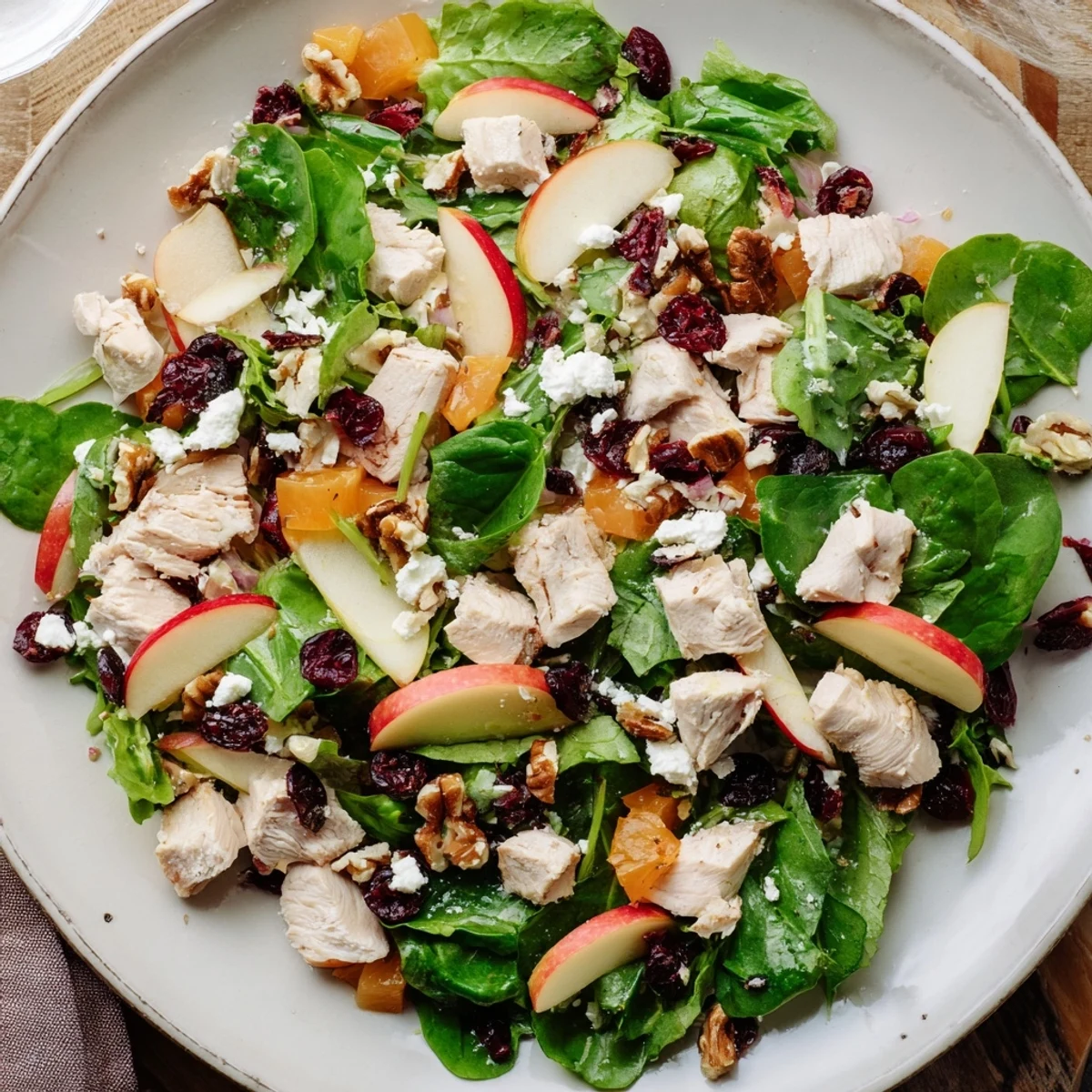 Hearty Chicken and Apple Winter Salad, a gluten-free and colorful meal, featuring juicy apples and crunchy pecans.