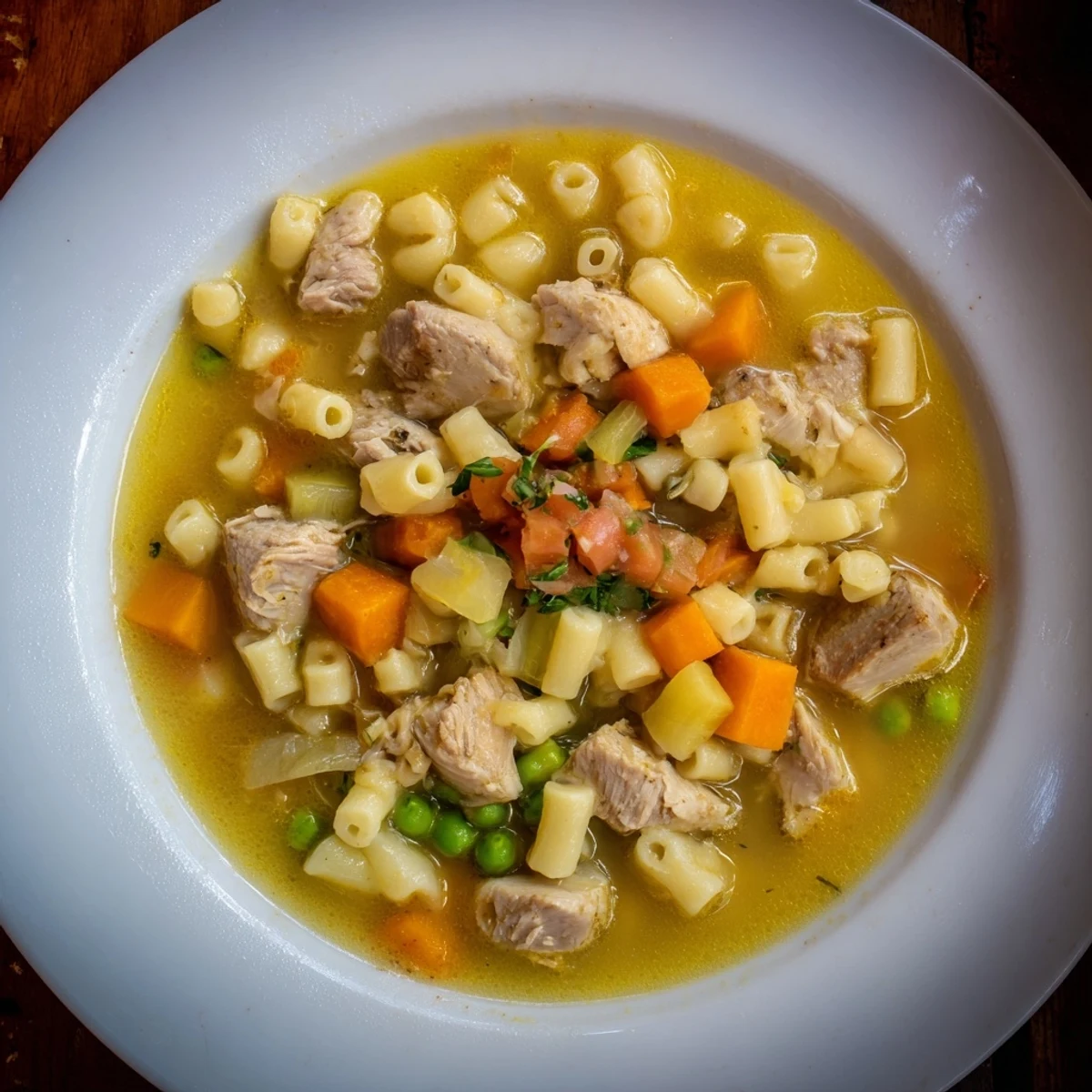 Creamy Chicken Pot Pie Pasta Soup, garnished with parsley, ready to warm your kitchen.