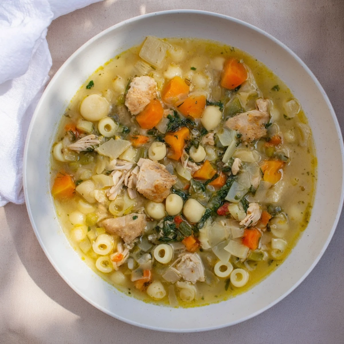 Enjoy a hearty, comforting Chicken Pot Pie Pasta Soup, perfect for a cozy dinner.