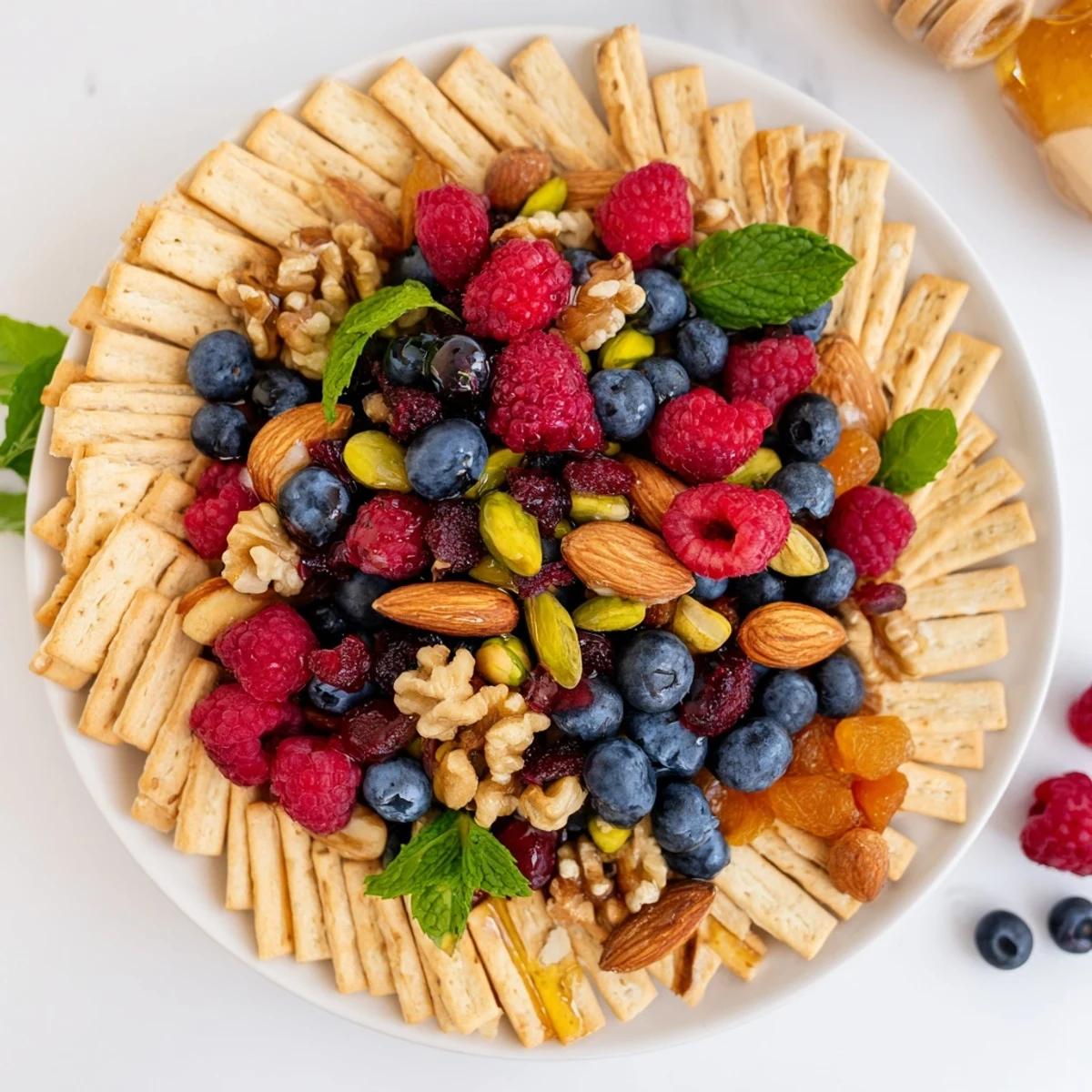 Imagine The Picket Fence: A charming snack, crackers forming a fence around a berry-nut mix.