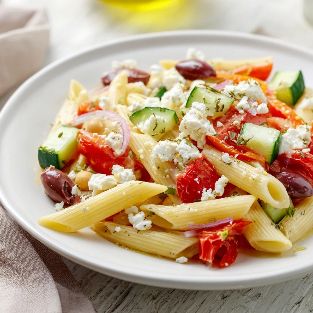 Mediterranean Pasta Salad with Chickpeas, vibrant and colorful, ready to serve with refreshing ingredients.