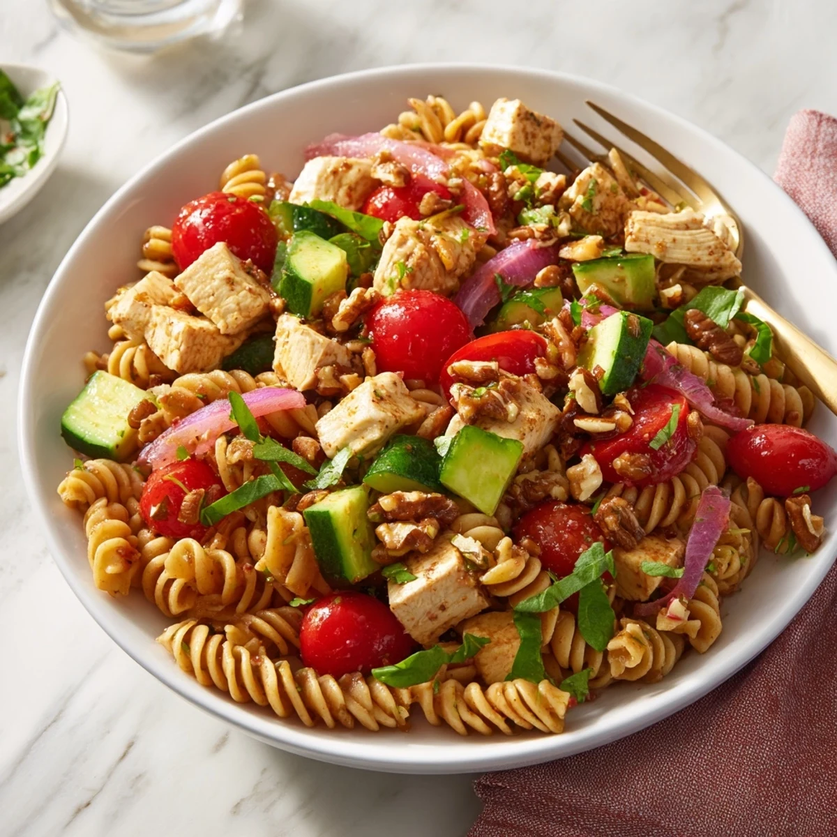 Pasta Salad with Cranberry Vinaigrette brimming with rotini, chicken, and fresh vegetables drizzled with cranberry vinaigrette.