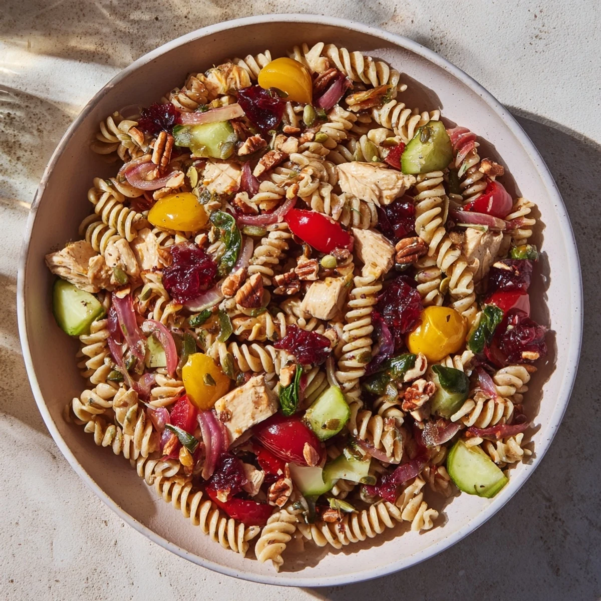 Delicious Pasta Salad with Cranberry Vinaigrette: rotini, veggies, and tangy vinaigrette creating a flavorful lunch.