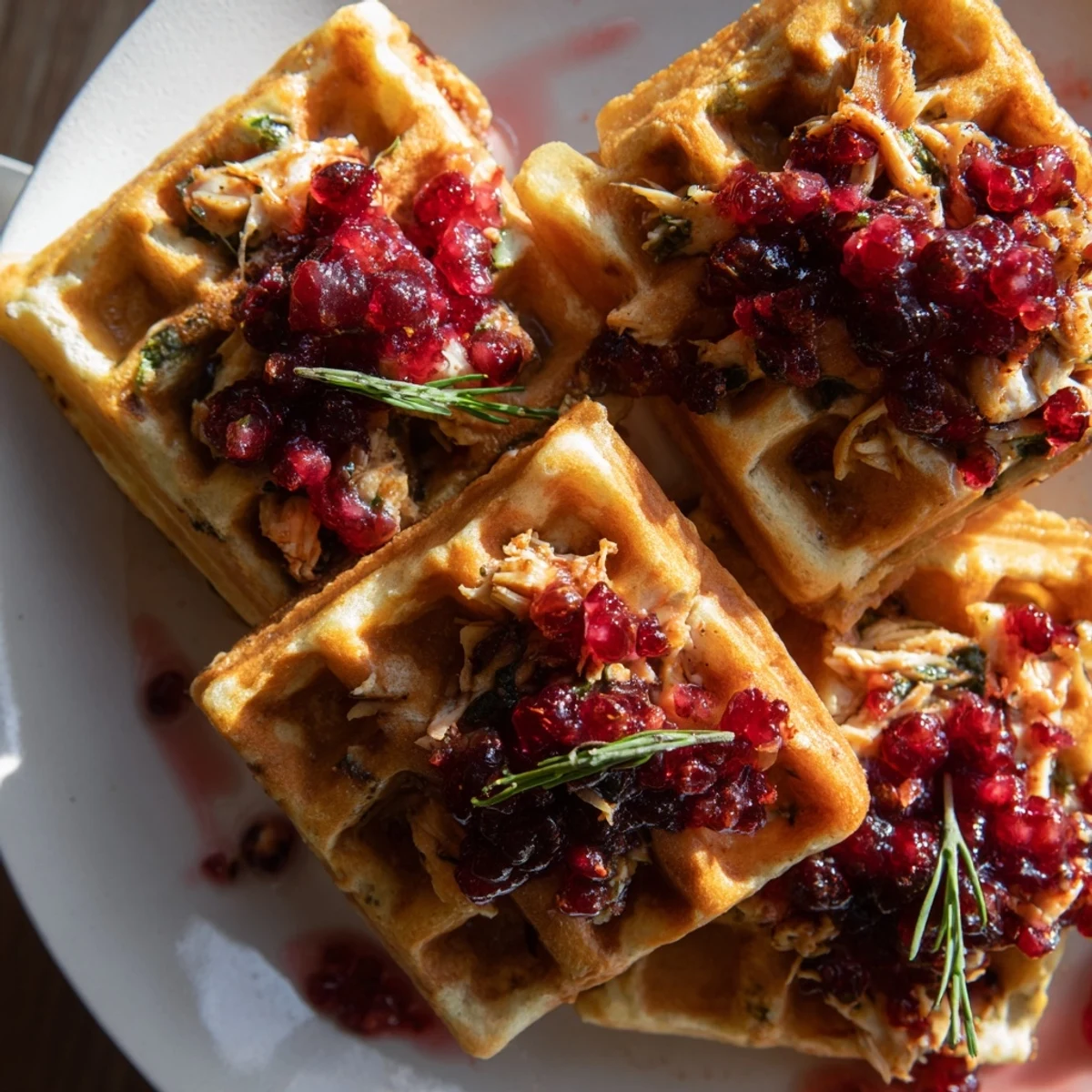 Golden-brown stuffing waffle chicken sliders, stacked high with cranberry mayo, ready to eat.