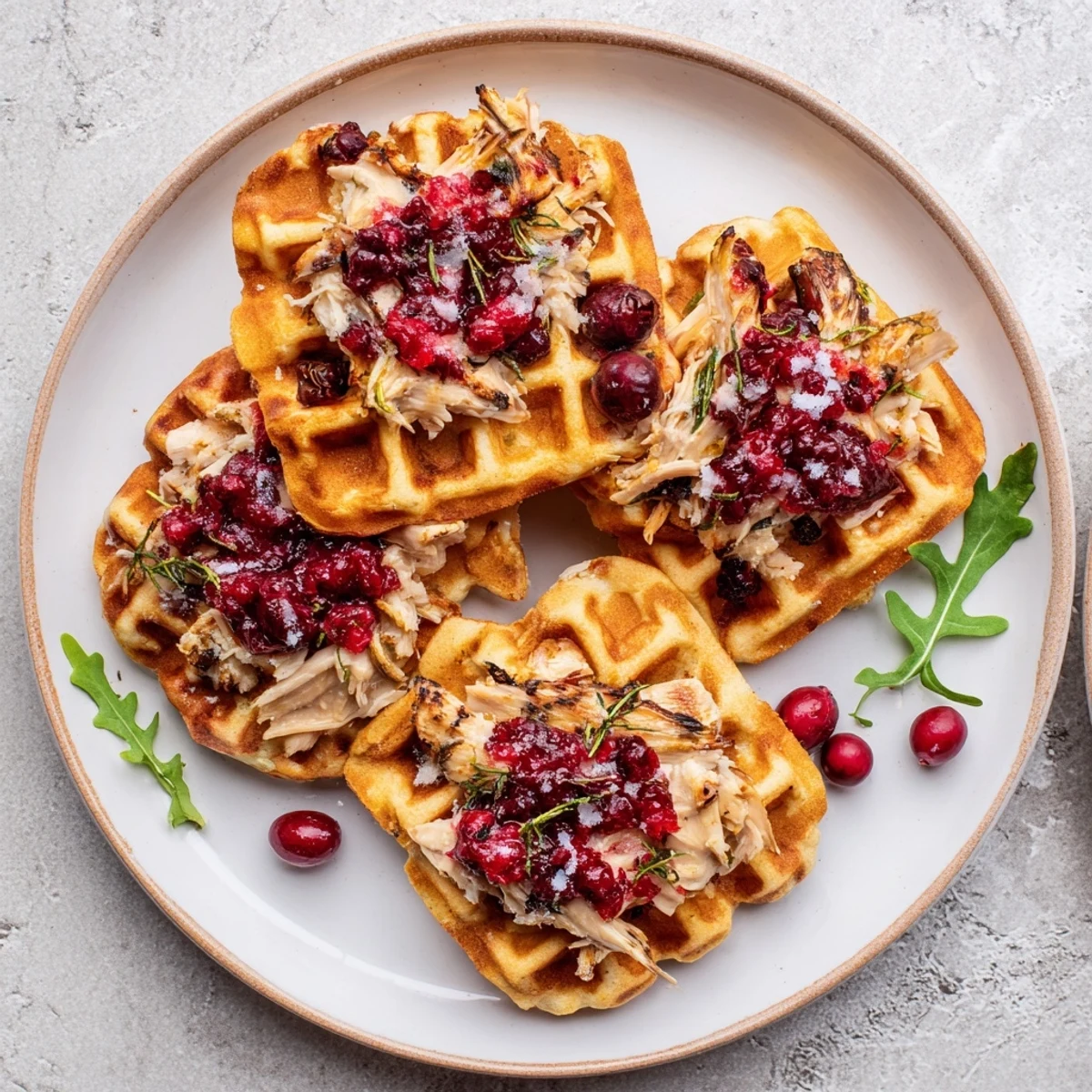 Savory stuffing waffle sliders featuring tender shredded chicken and sweet cranberry sauce, delicious.