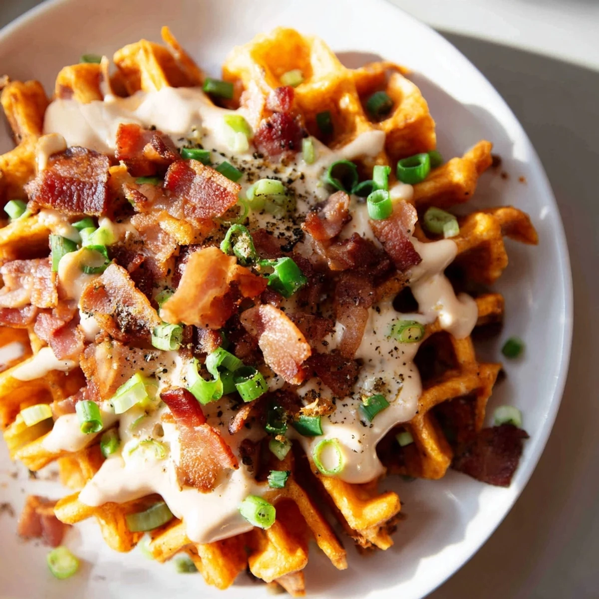 Cheesy Loaded Sweet Potato Fries with ranch, bacon, and green onions; a delicious appetizer ready to eat.