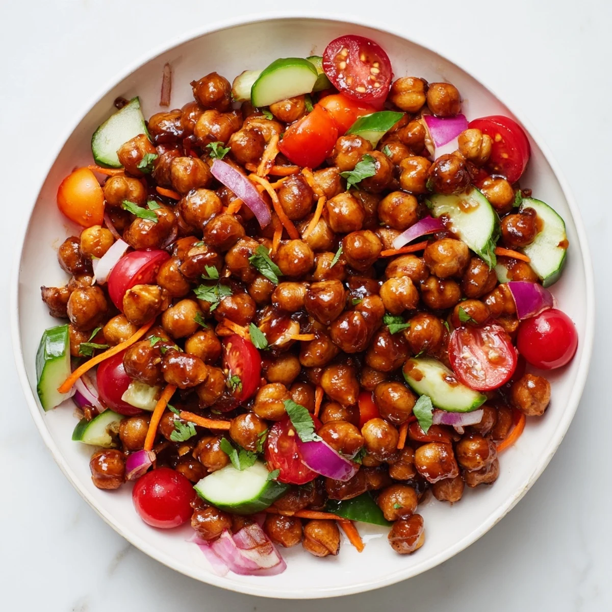 Freshly made BBQ Chickpea Salad, featuring glistening chickpeas and crisp vegetables, perfect for a light lunch.