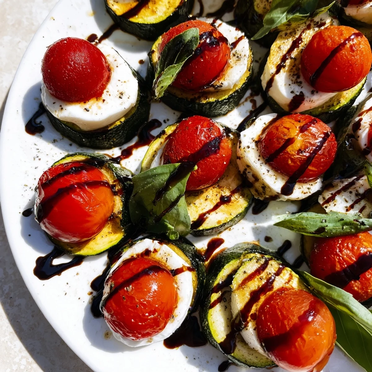 Zucchini Caprese Bites: Vibrant, baked zucchini topped with mozzarella, juicy tomatoes, and balsamic glaze.