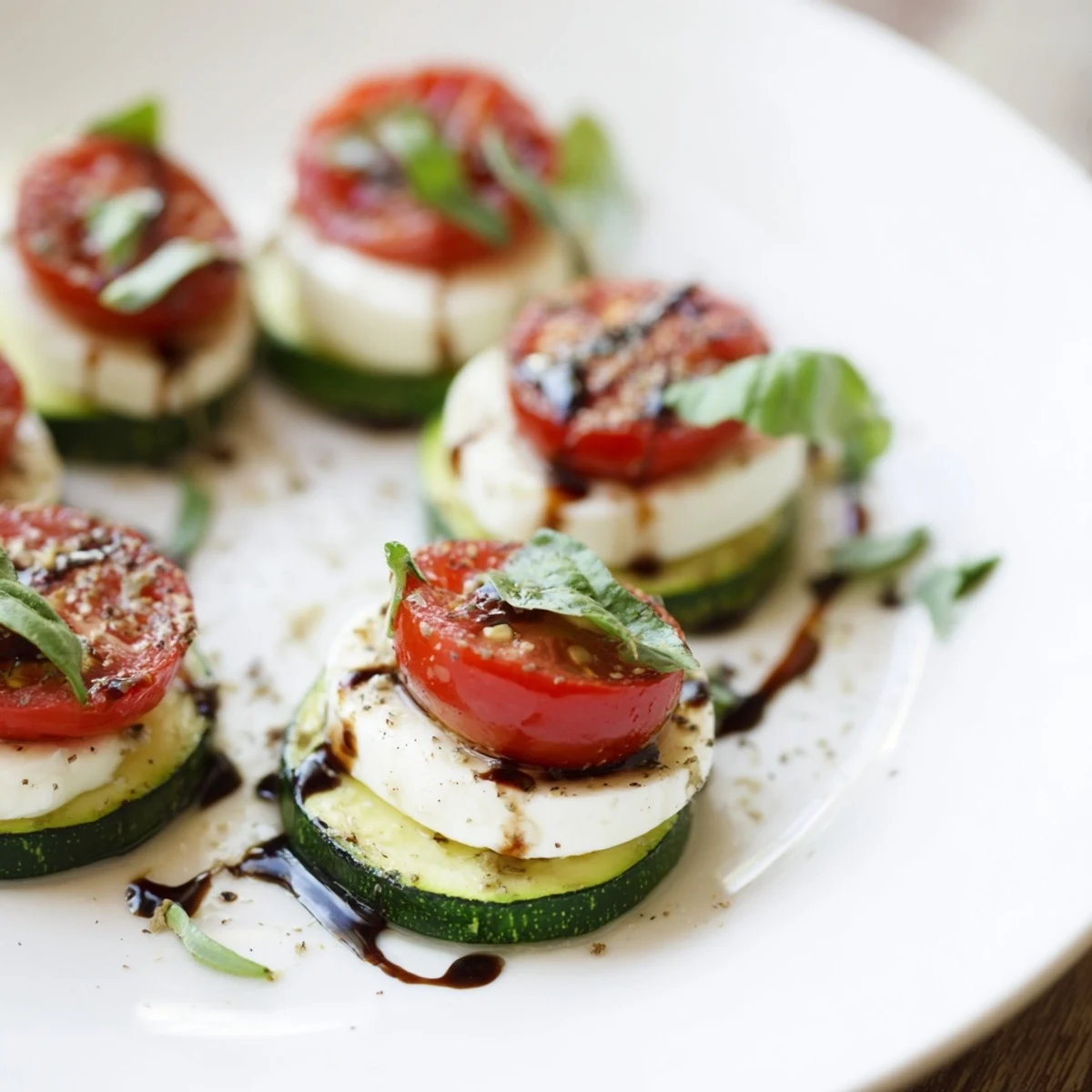 Warm Zucchini Caprese Bites, bursting with Italian flavors, are drizzled with a tangy balsamic glaze.