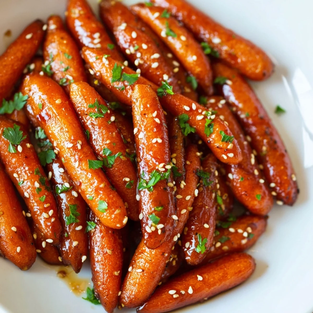 Honey soy roasted carrots with a glistening glaze, a vibrant, flavorful side dish ready to serve.