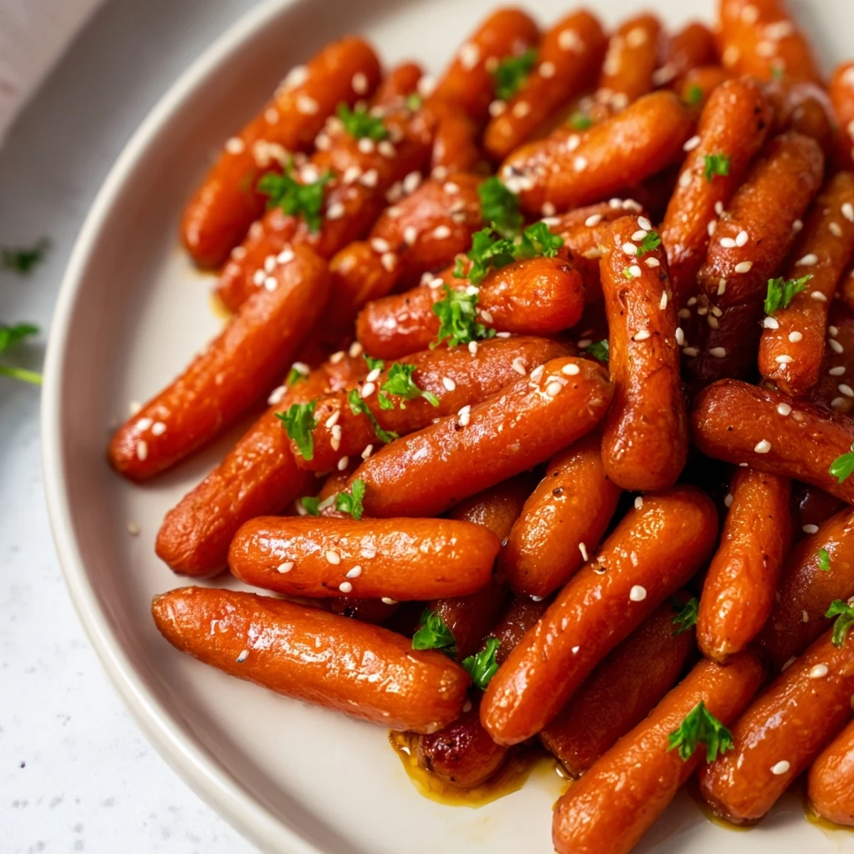 Golden-brown honey soy roasted carrots, garnished with sesame seeds, freshly roasted and delicious.