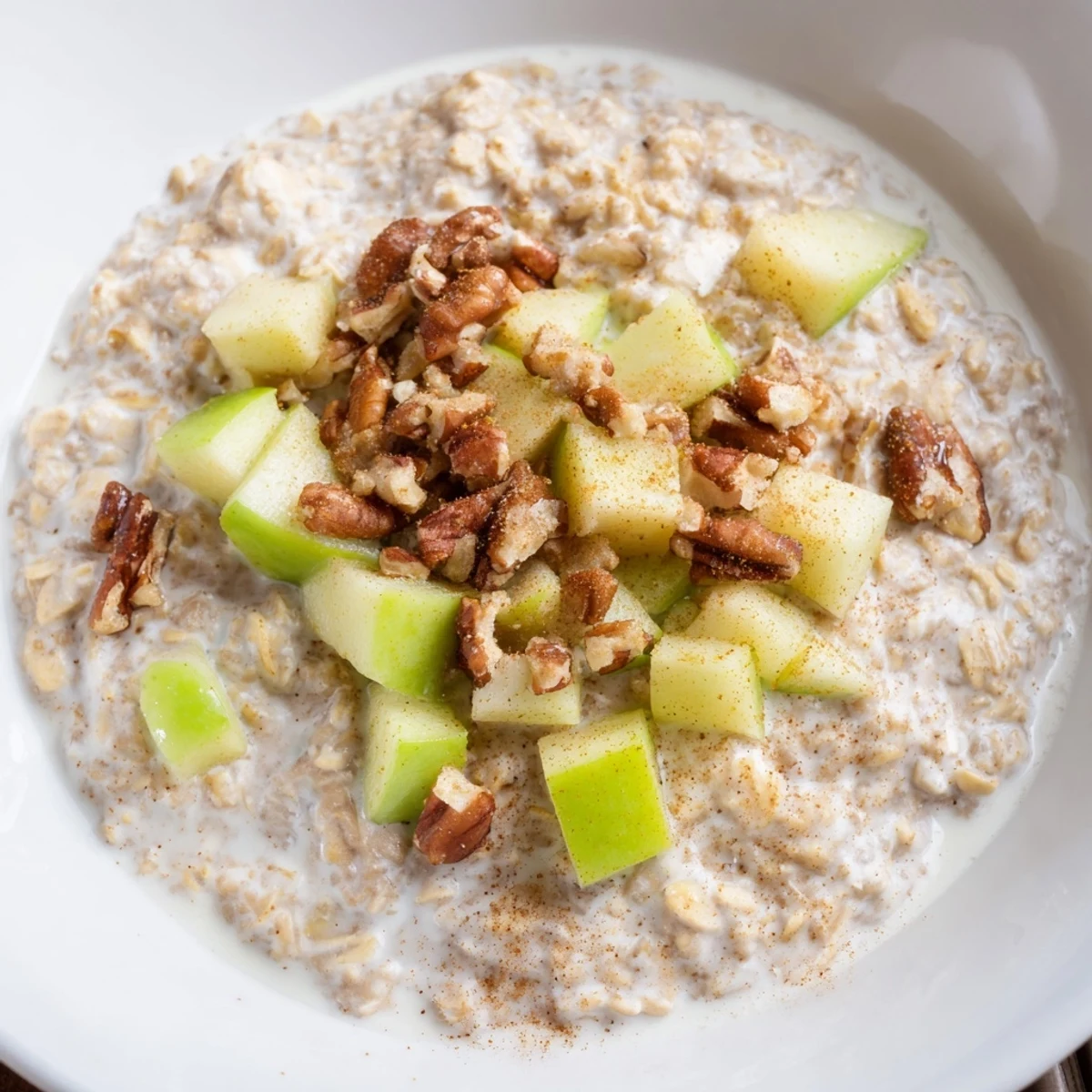 Breakfast of champions: a close-up of a hearty apple pie oatmeal bowl with golden-brown, caramelized apples.