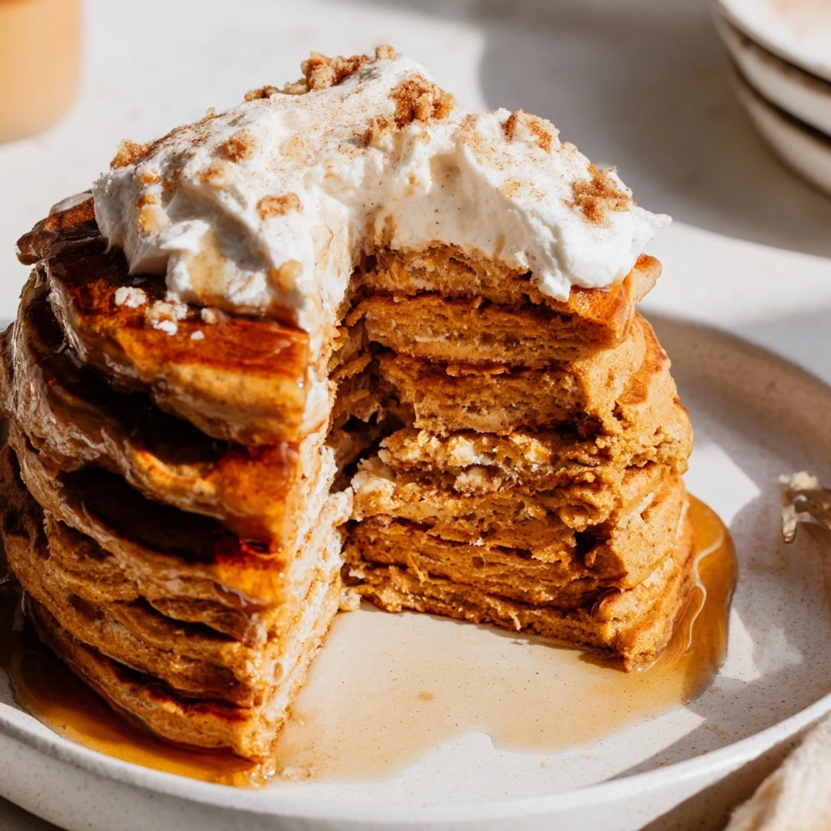 Fluffy pumpkin spice pancakes: golden, stacked high and drizzled with maple syrup for a perfect breakfast.