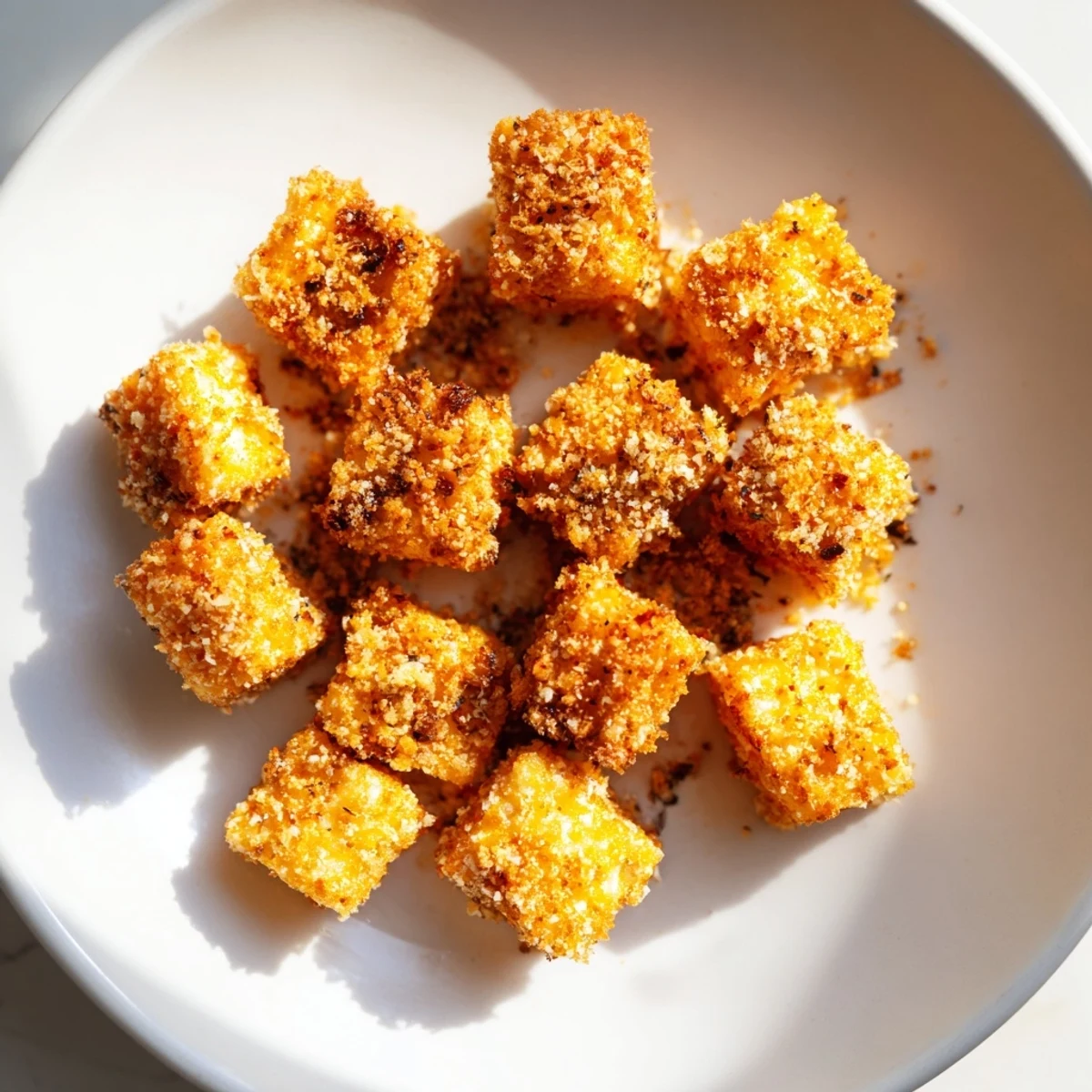 Close-up of baked popcorn tofu bites, showing a satisfyingly crunchy texture, ideal appetizer.