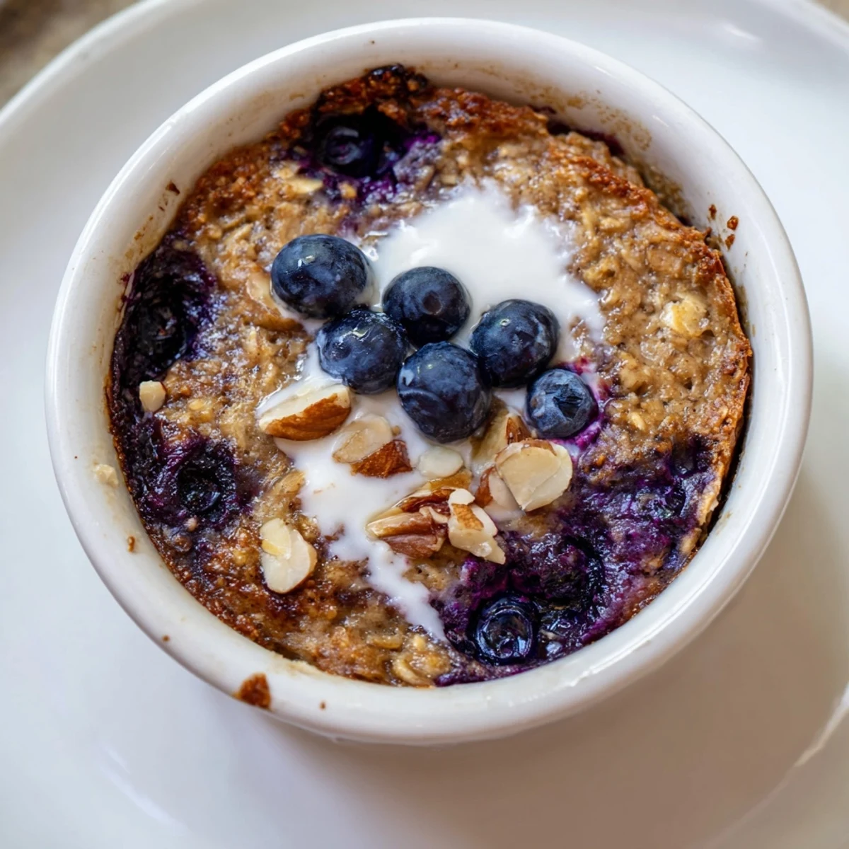 A ramekin of Blueberry Baked Oats, offering that irresistible, cozy, fresh baked aroma for breakfast.